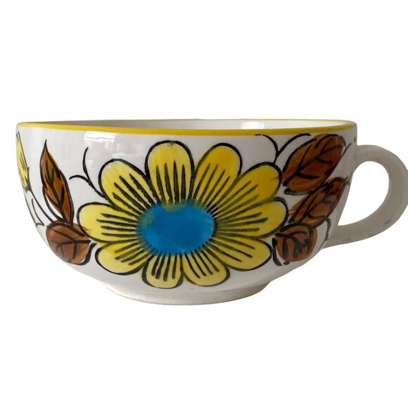 Soup Cup Mug Large JAPAN Hand Painted Vintage Yellow Brown Blue White - Picture 1 of 11